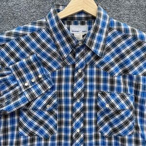 Wrangle Pearl Snap Shirt Mens L Blue Black Check Plaid Western Rancher EXC